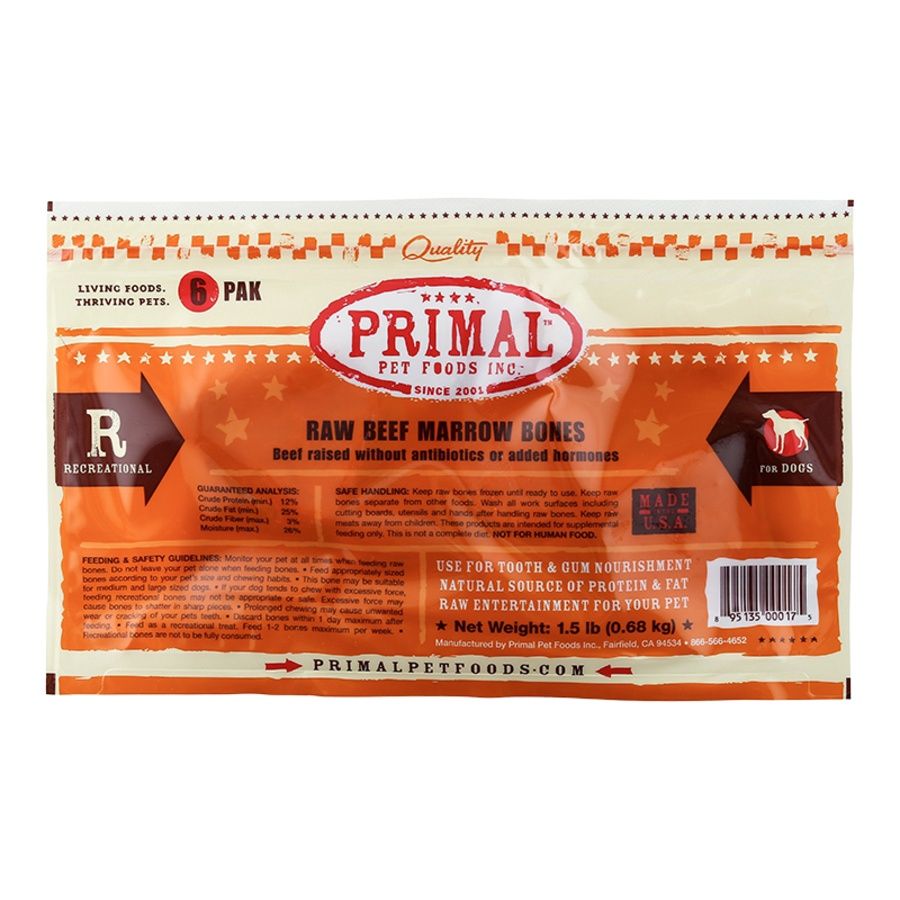 Primal Dog Frozen Beef Bone Marrow 2 Inch 6 Count