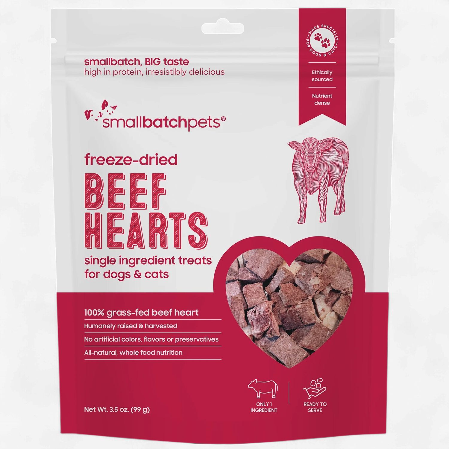SMALL BATCH Dog &amp; Cat Freeze-dried Beef Hearts 3.5oz