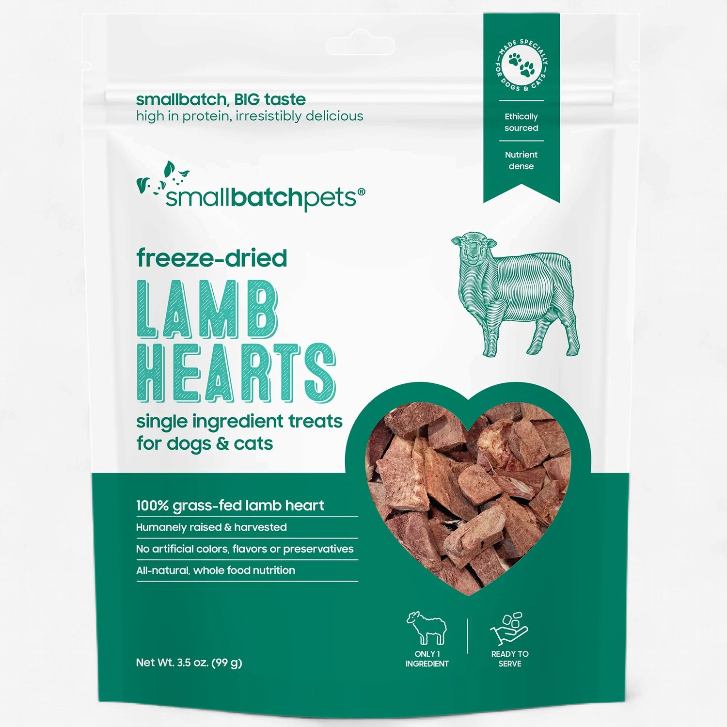 SMALL BATCH Dog &amp; Cat Freeze-dried Lamb Hearts 3.5oz