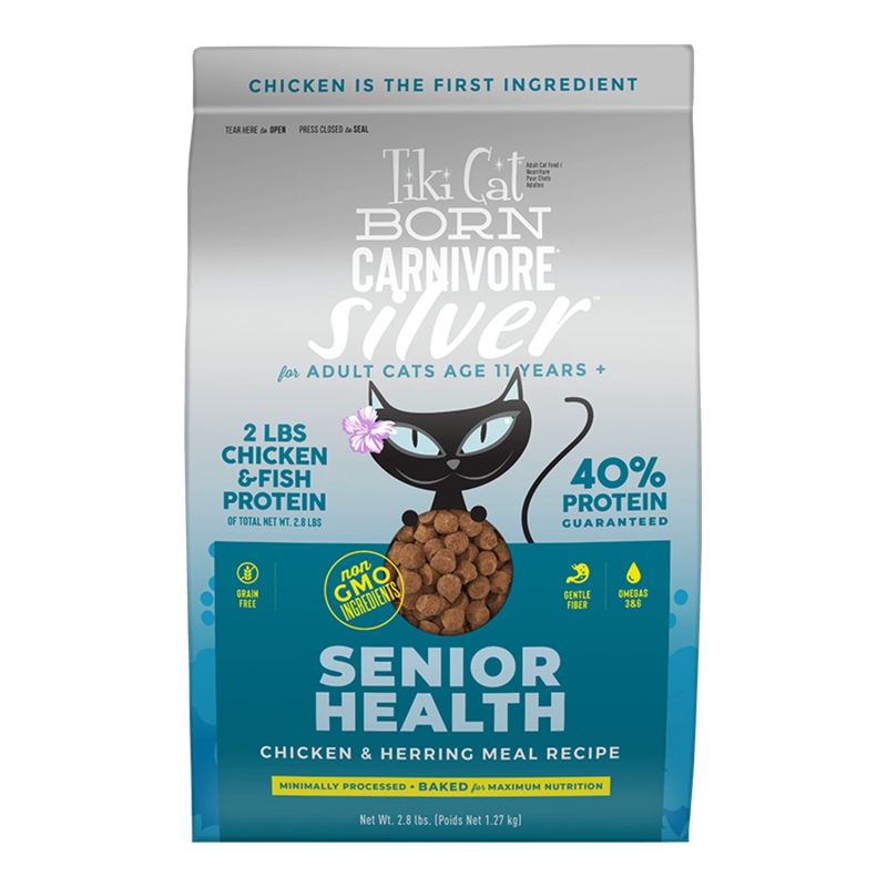 TIKI PETS CAT BORN CARNIVORE SILVER SENIOR HEALTH NON -GMO 2.8LBS