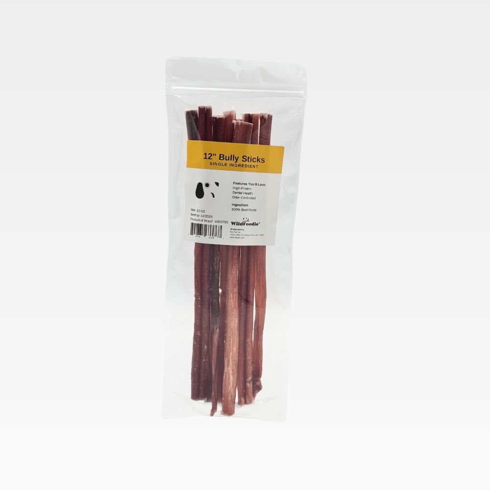 WILDFOODIE 10oz 12" Bully Stick, grass-fed cattle. Air-dried to lock in natural fla: these chews deliver a lasting experience for dogs who love to gnaw.</p>