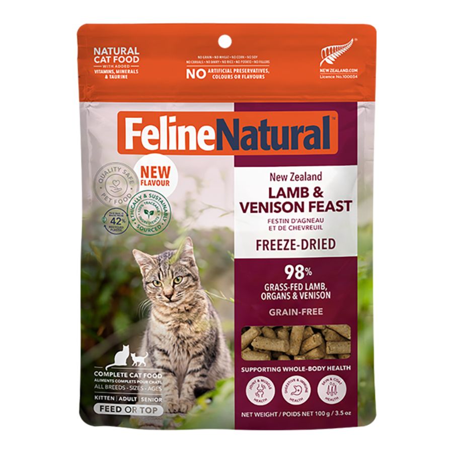 FELINE NATURAL CAT FREEZE-DRIED GRAIN FREE NEW ZEALAND LAMB &amp; VENISON FEAST 3.5OZ