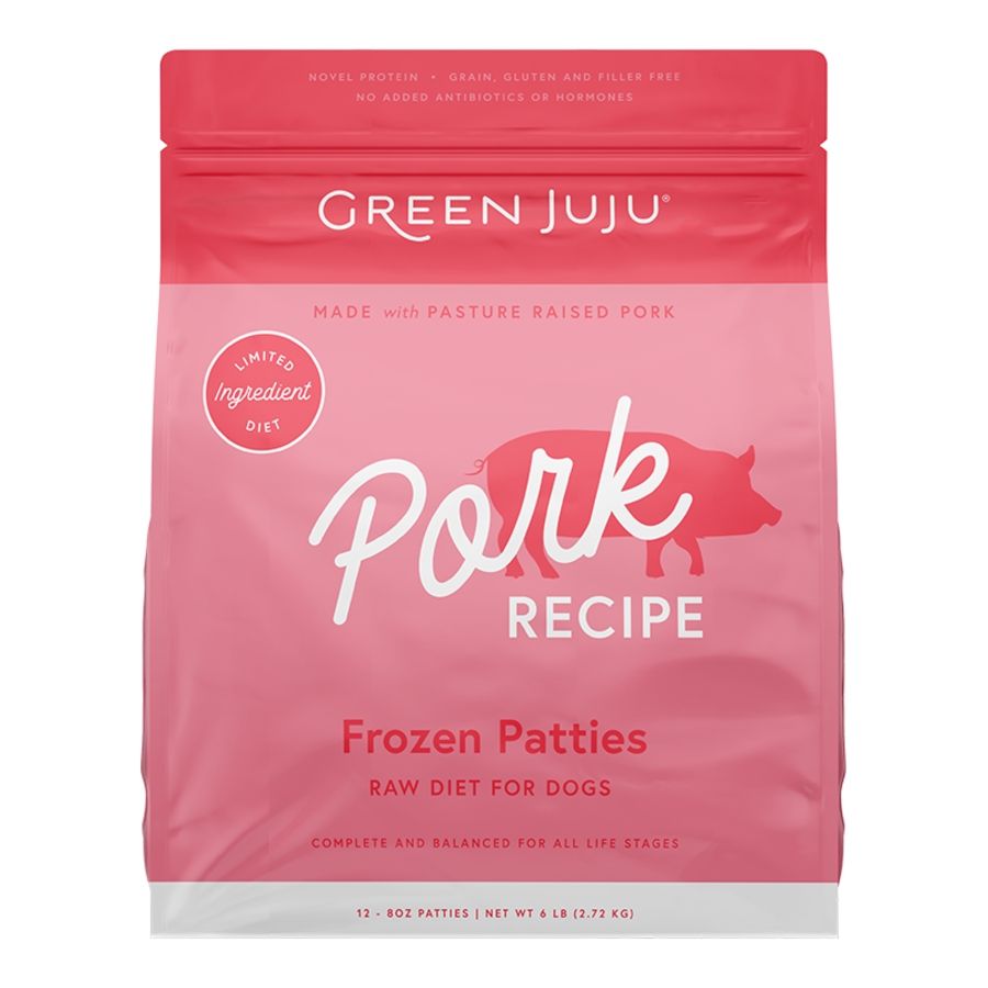 GREEN JUJU Dog &amp; Cat Frozen Raw Grain Free Limited Ingredient Diet Pork Patties, Size: 6 lbs