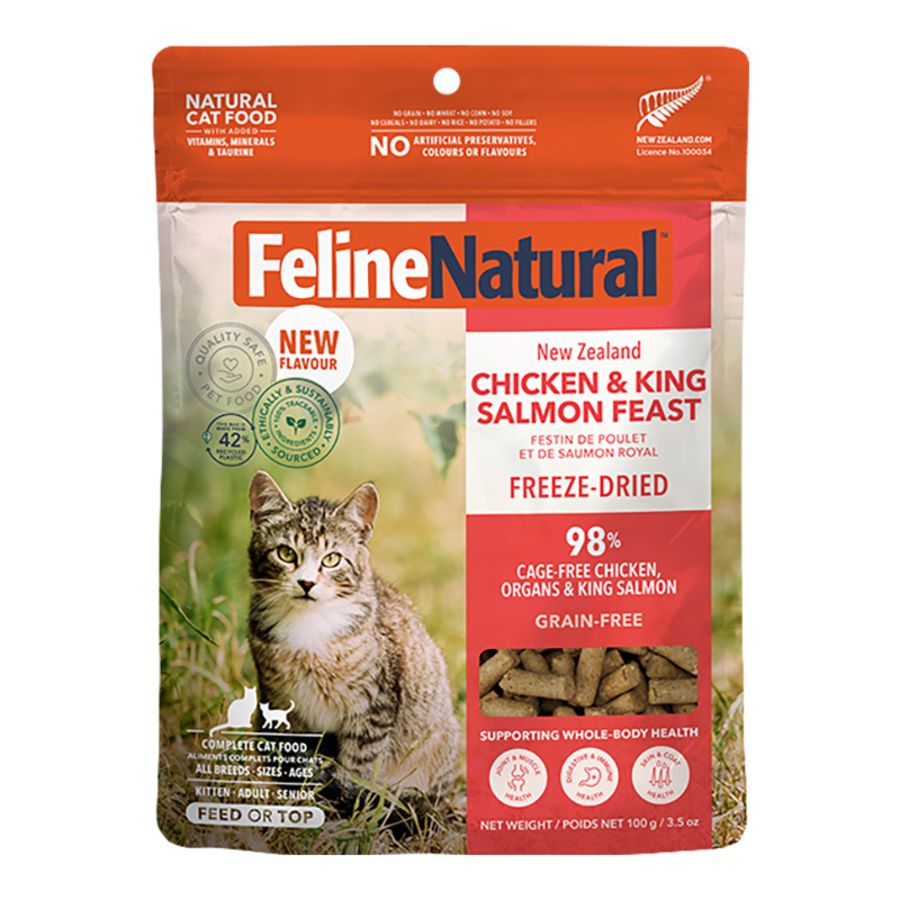 FELINE NATURAL CAT FREEZE-DRIED GRAIN FREE NEW ZEALAND CHICKEN &amp; KING SALMON FEAST 3.5OZ