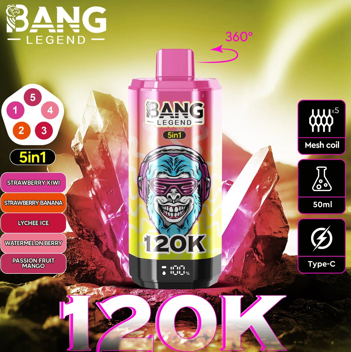 5% BANG LEGEND 120K PASSION FRUIT MANGO / WATERMELON BERRY / LYCHEE ICE / STRAWBERRY BANANA / STRAWBERRY KIWI