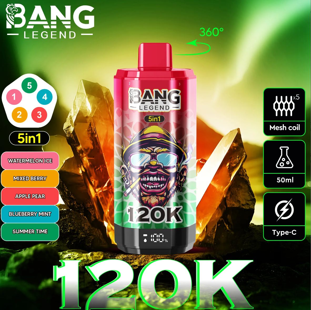 5% BANG LEGEND 120K SUMMER TIME / BLUEBERRY MINT / APPLE PEAR / MIXED BERRY / WATERMELON ICE