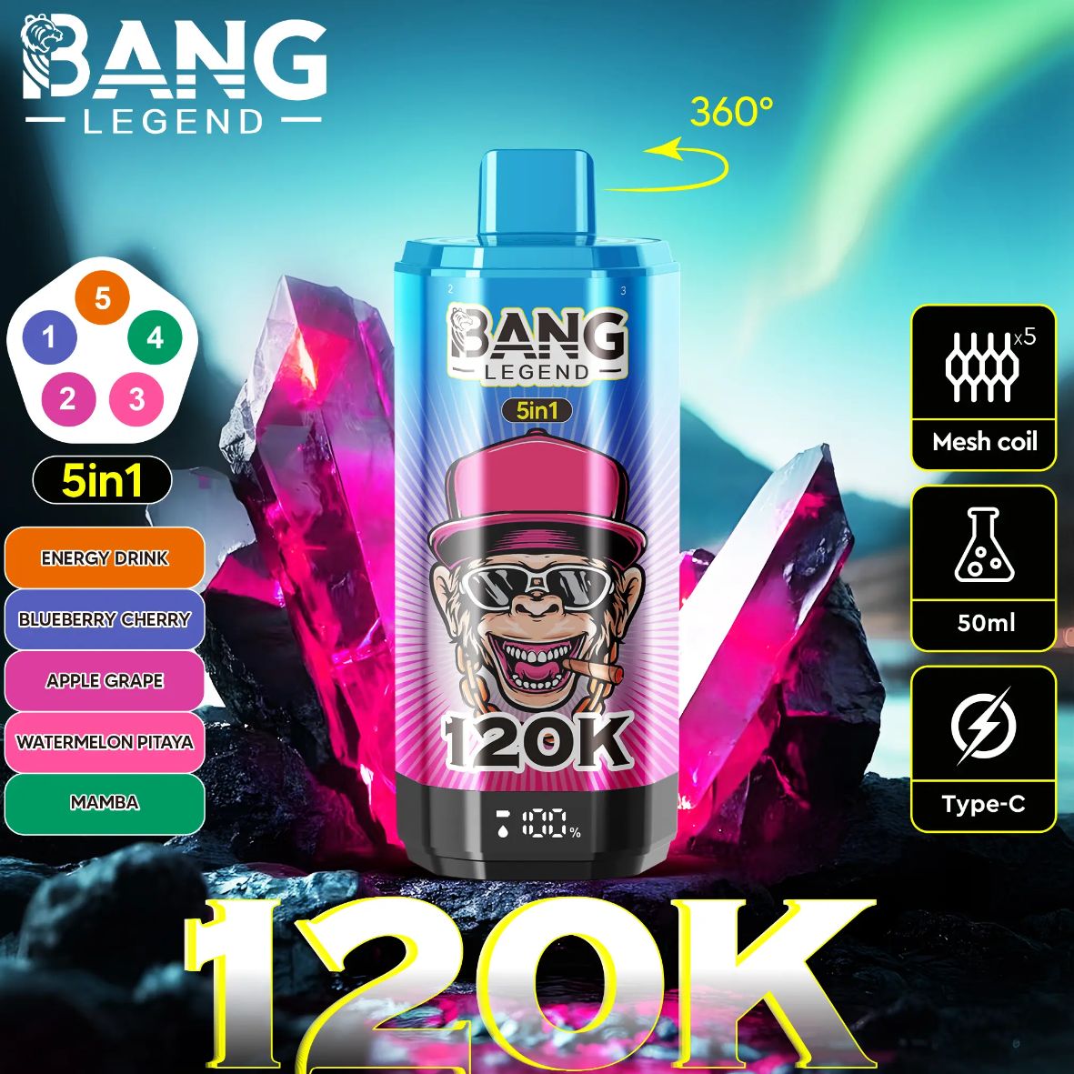 5% BANG LEGEND 120K MAMBA / WATERMELON PITAYA / APPLE GRAPE / BLUEBERRY CHERRY / ENERGY DRINK