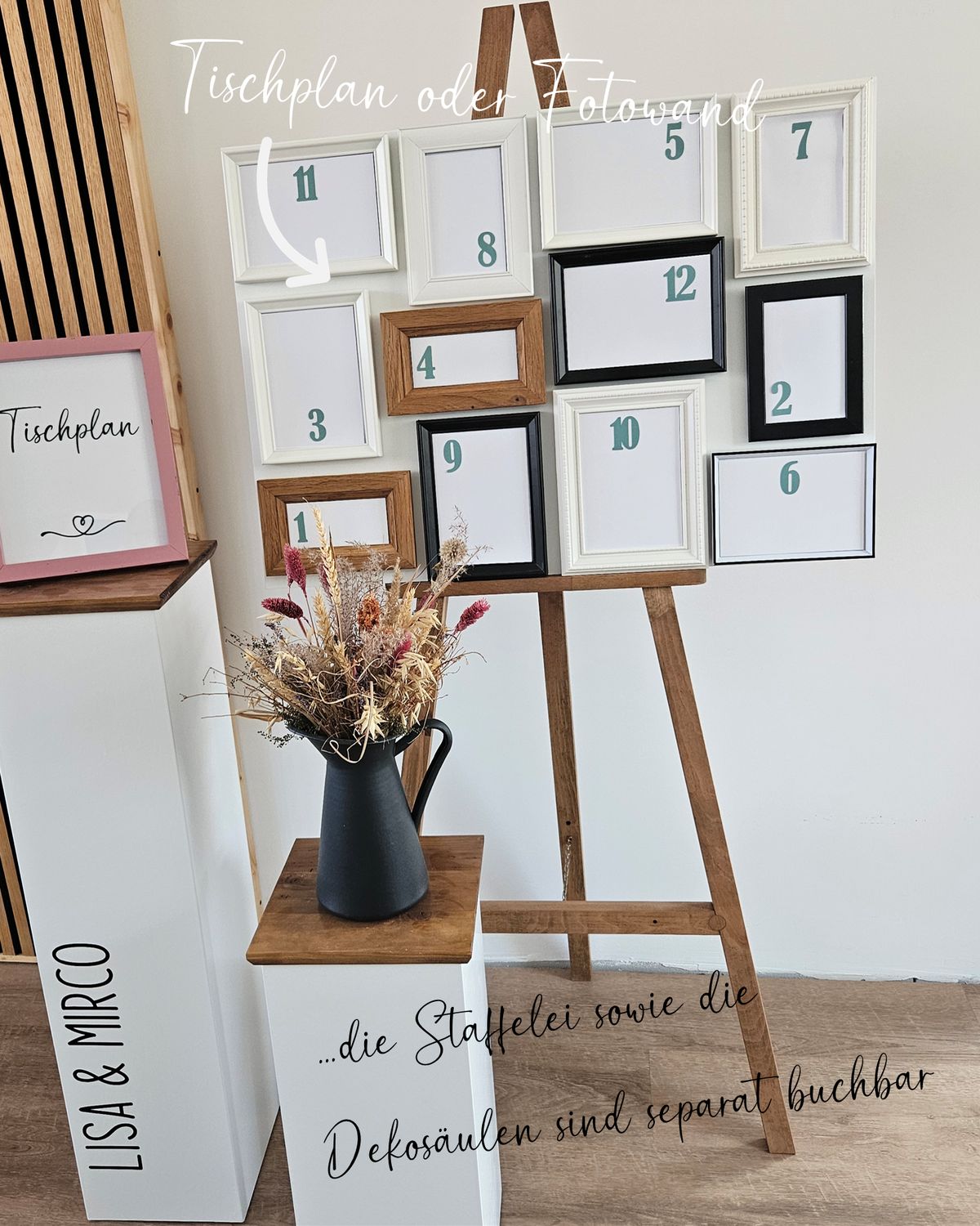 Miet mich: Tischplan oder Fotowand mit 6, 9 oder 12 Bilderrahmen Preis ab: