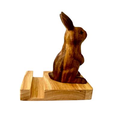 Woodland Rabbit Phone Stand – Hand-Carved Desk Decoration