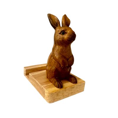 Woodland Rabbit Phone Stand – Hand-Carved Desk Decoration