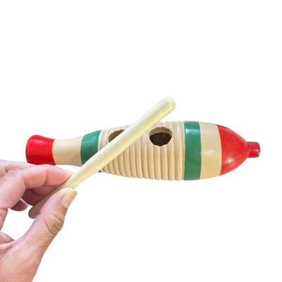 3 x Wooden Fish Guiro Instrument – Hand-Carved Percussion Toy with Red &amp; Green Accents