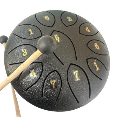 Rain Drum – 6"-Black Steel Percussion Instrument with Mallet – Soothing Sound Toy for Kids &amp; Adults