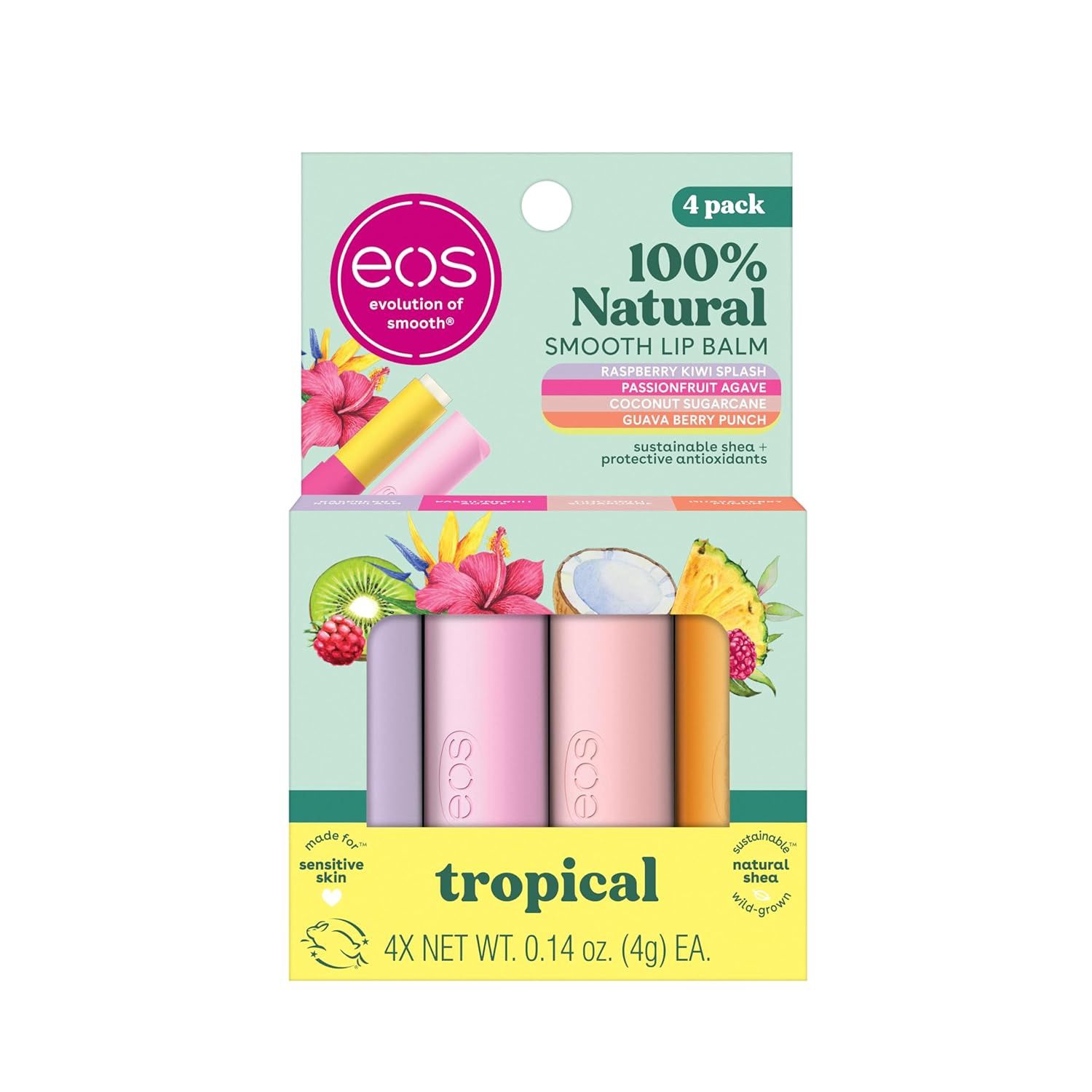 eos 100% Natural Lip Balms - Raspberry Kiwi Splash, Passionfruit Agave, Coconut Sugarcane, &amp; Guava Berry Punch
