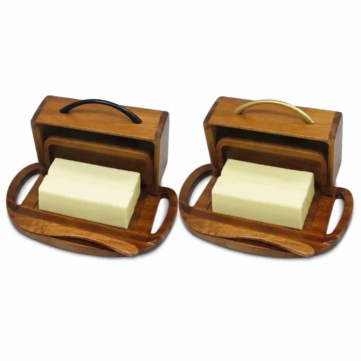 Butterie - Acacia Wood Flip-Top Butter Dish w/ Spreader - Assorted Handle, Brass/ Black