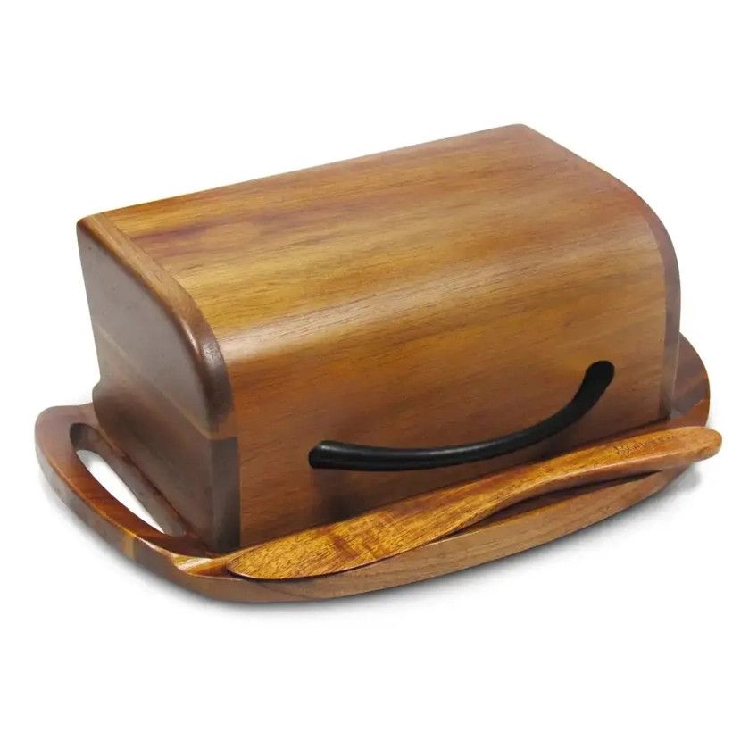 Butterie - Acacia Wood Flip-Top Butter Dish w/ Spreader - Assorted Handle, Brass/ Black