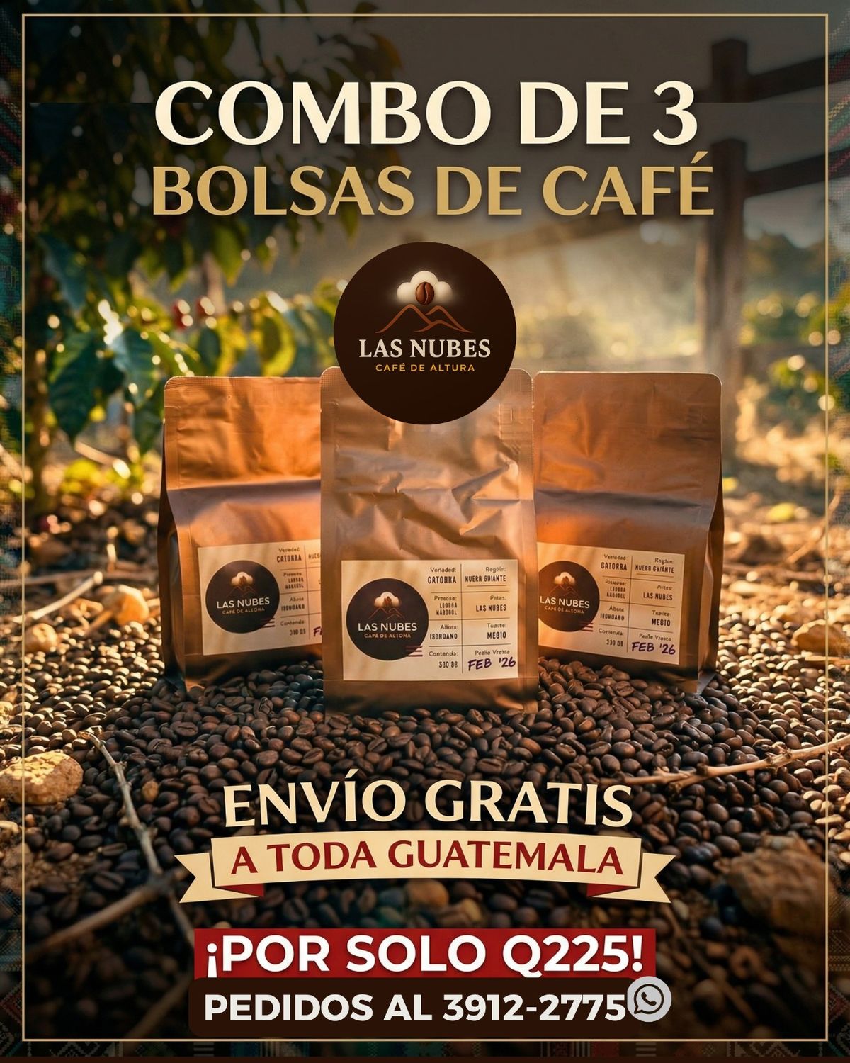Combo 3× Café Las Nubes 12 oz en grano – Proceso Natural Guatemala