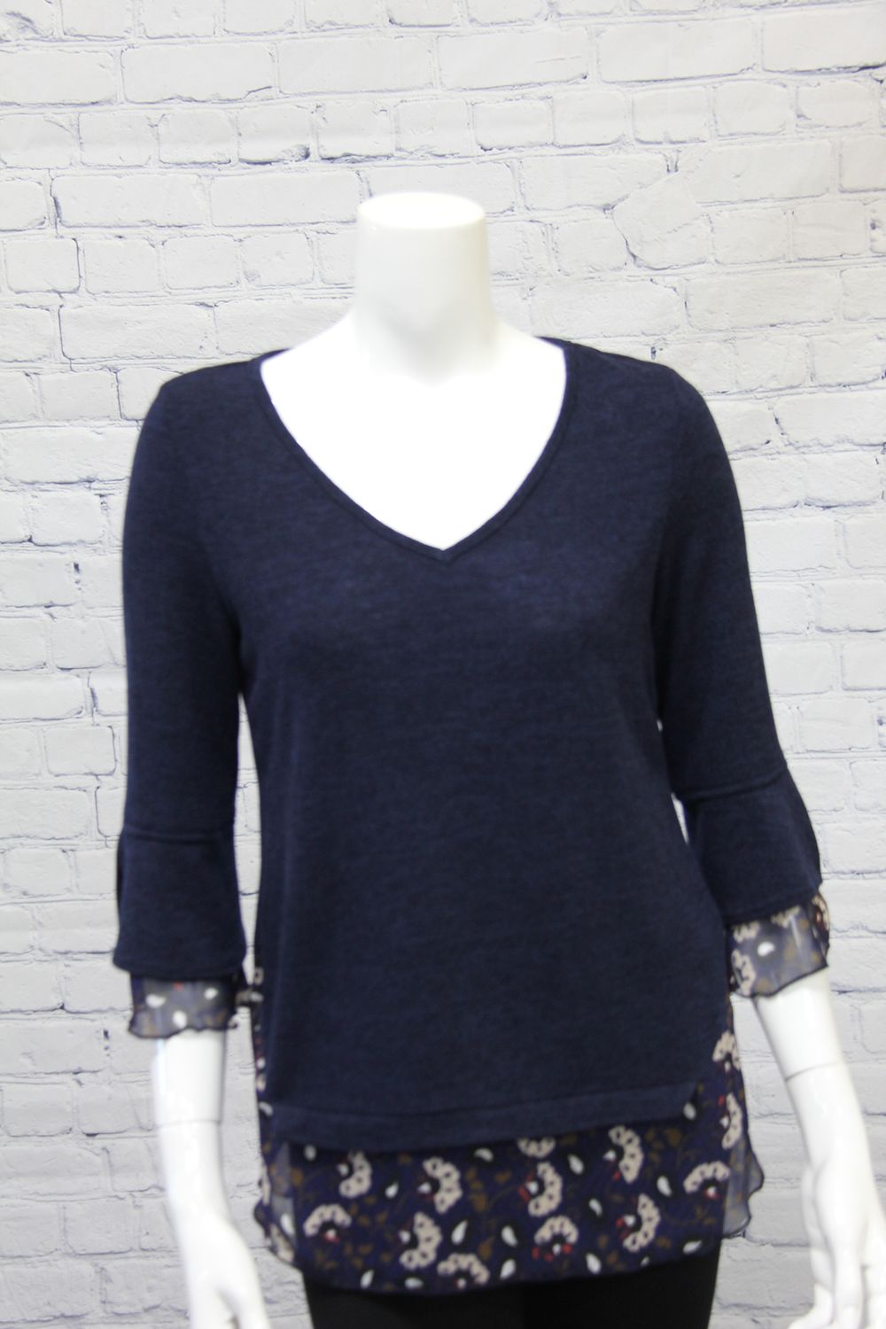 Navy Top with Floral Trim, Size: S