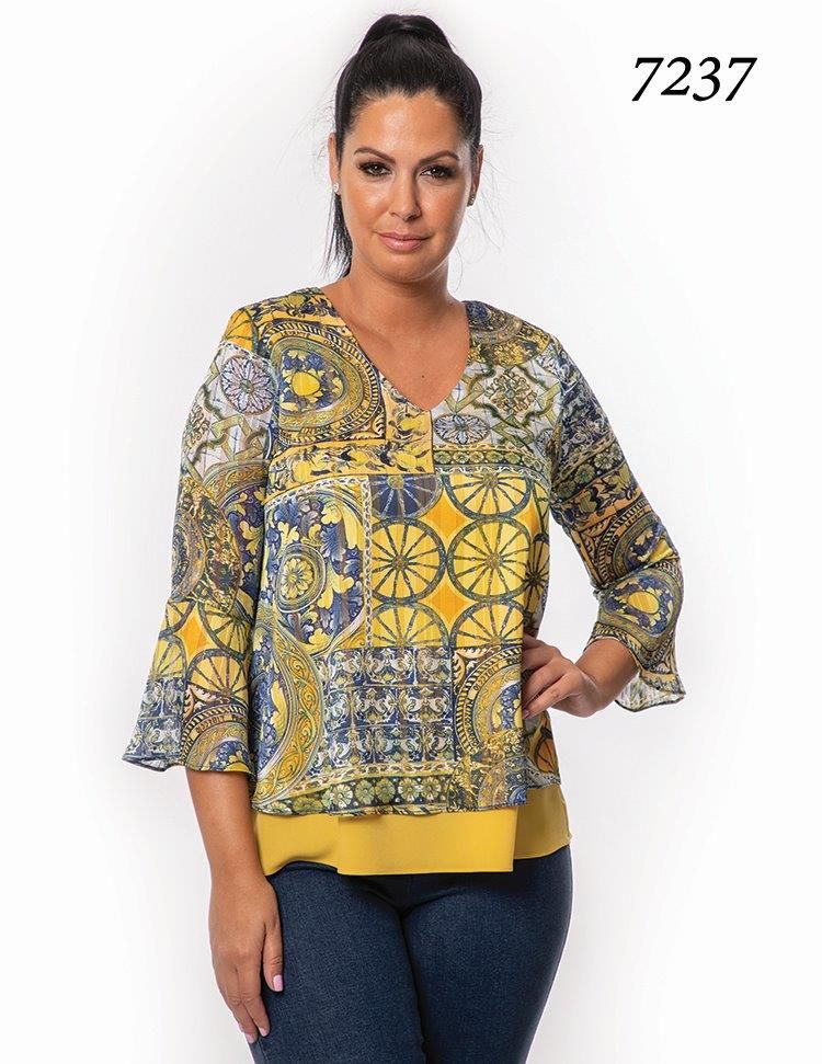 Printed Bell-Sleeve Top, Size: S