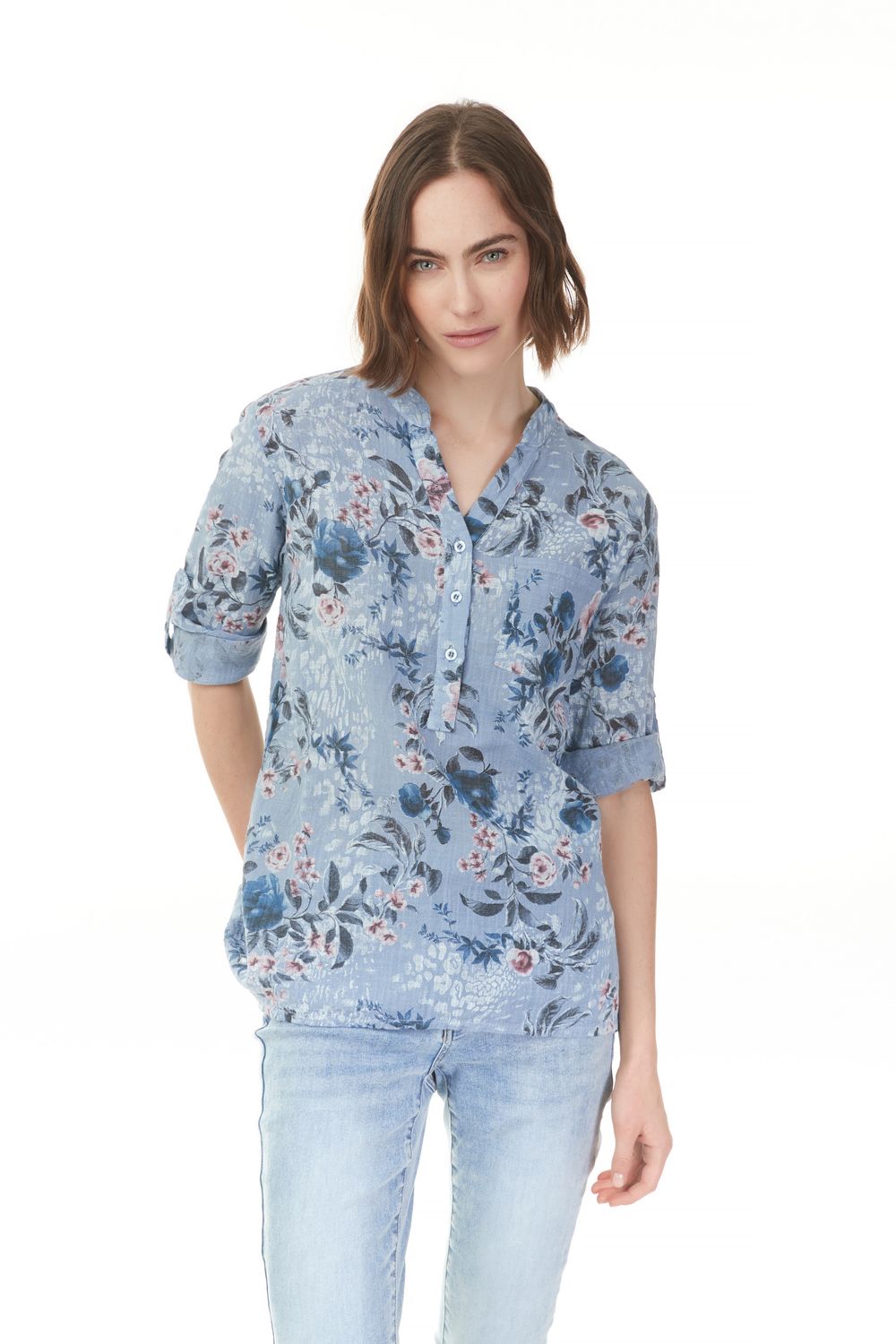 Printed Rolled-Up Sleeve Cotton Gauze , Size: S