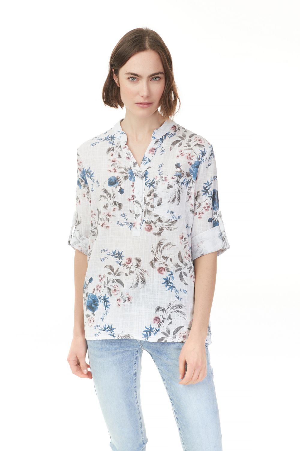 Printed Rolled-Up Sleeve Cotton Gauze