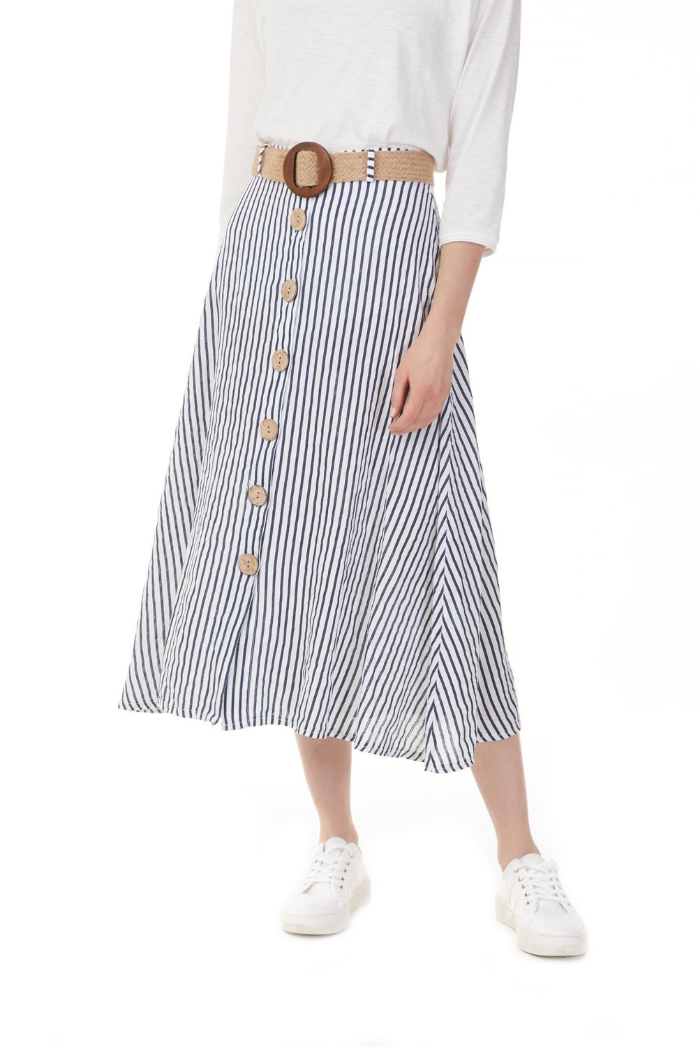 Striped Belted Linen Skirt, Size: S