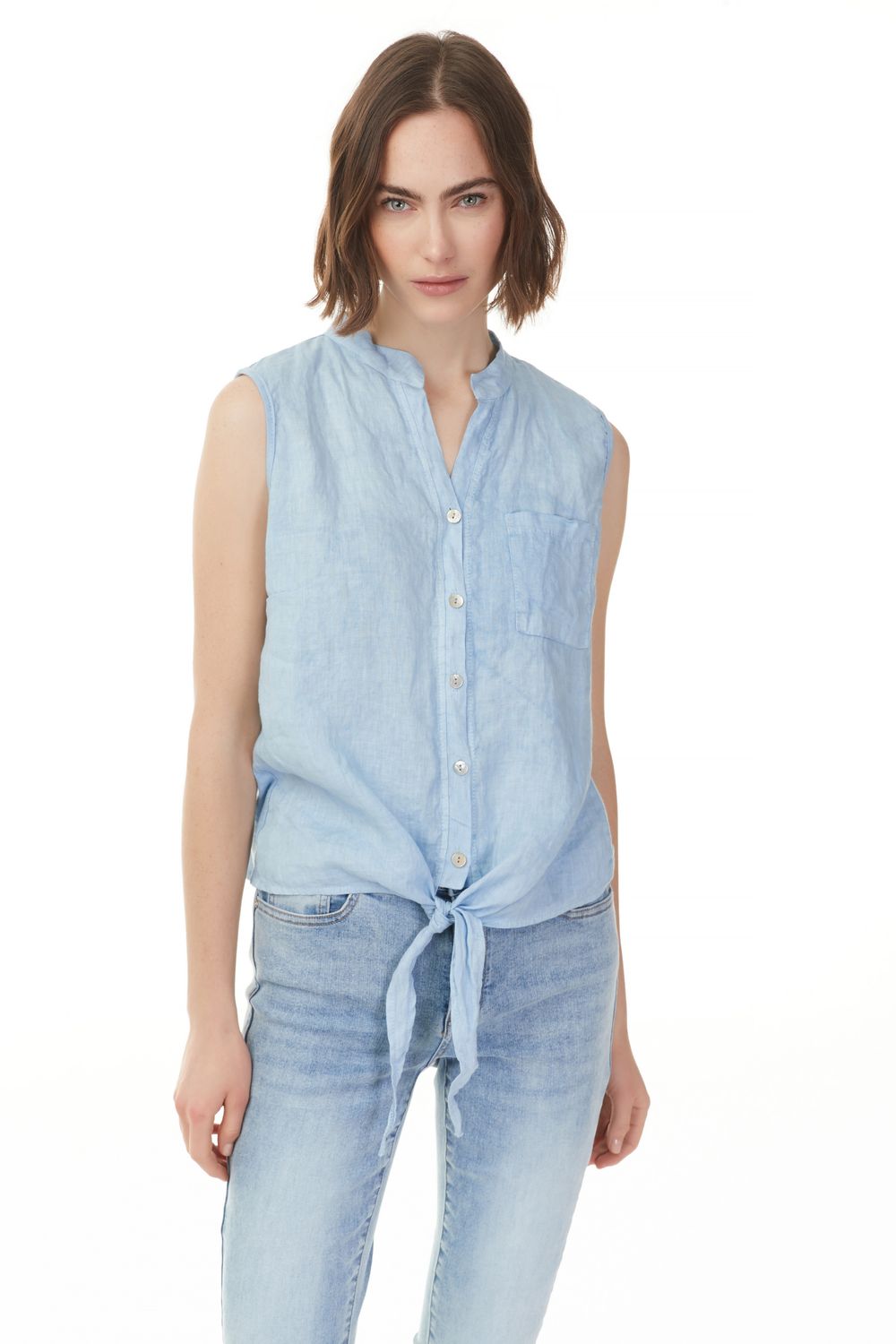 Sleeveless Front Tie Linen Top, Size: S