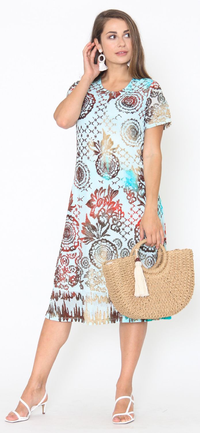 Turquoise Printed Dress With Sleeves