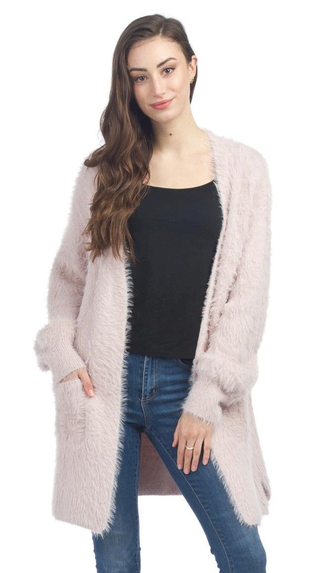 Fuzzy Long Cardigan With Pockets, Color: Blush, Size: S