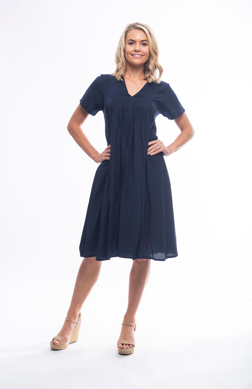 Navy V-Neck Linen Dress