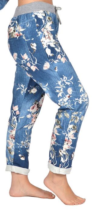 Dark Blue Floral Denim Jogger, Size: One Size