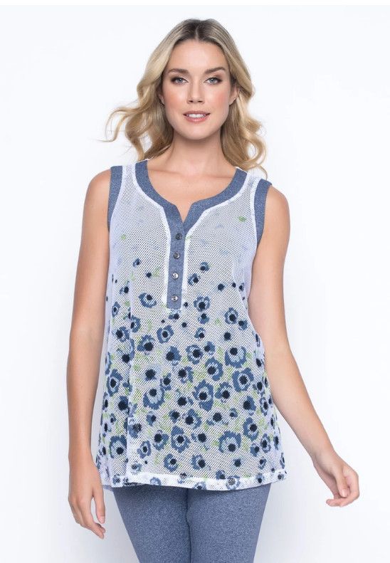 Solid Trim Henley Tank Denim, Size: S