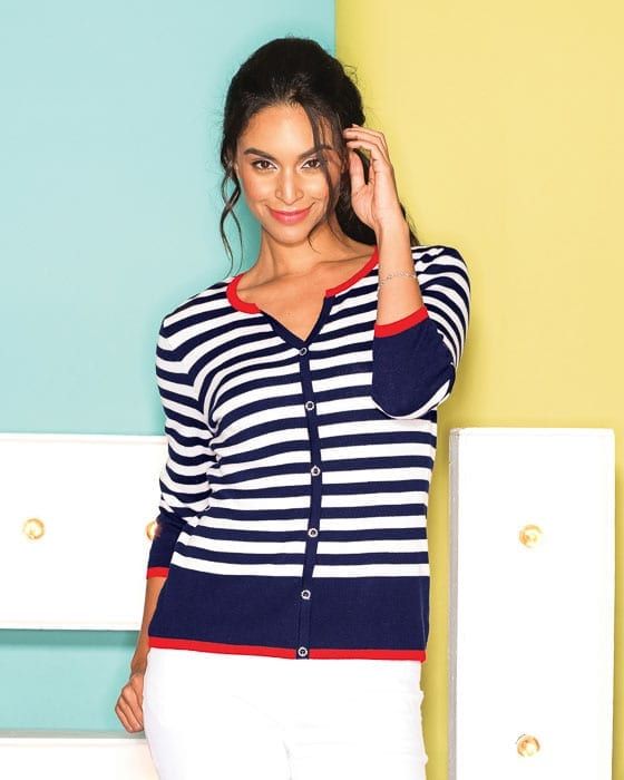Navy &amp; White Stripe Cardigan, Size: S