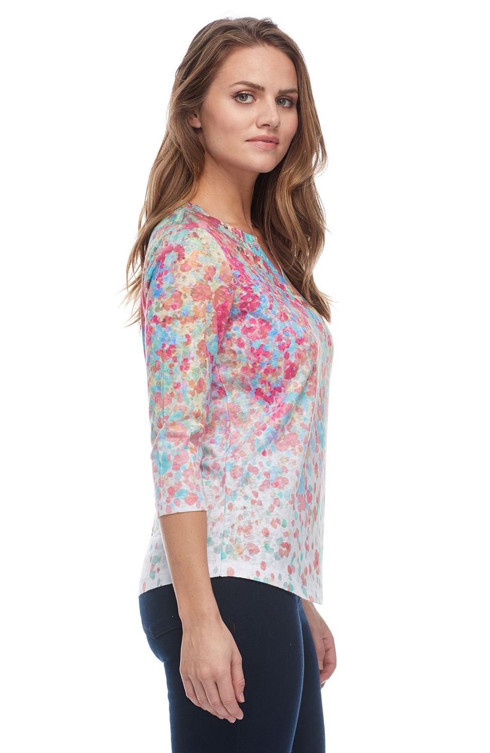 Floral print notched crew neck top
