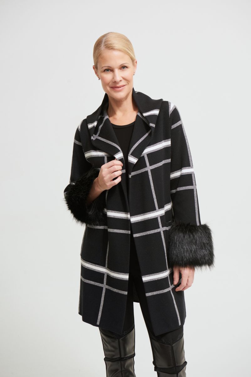 Joseph Ribkoff Black/Vanilla Faux Fur Cuff Coat Style 213904