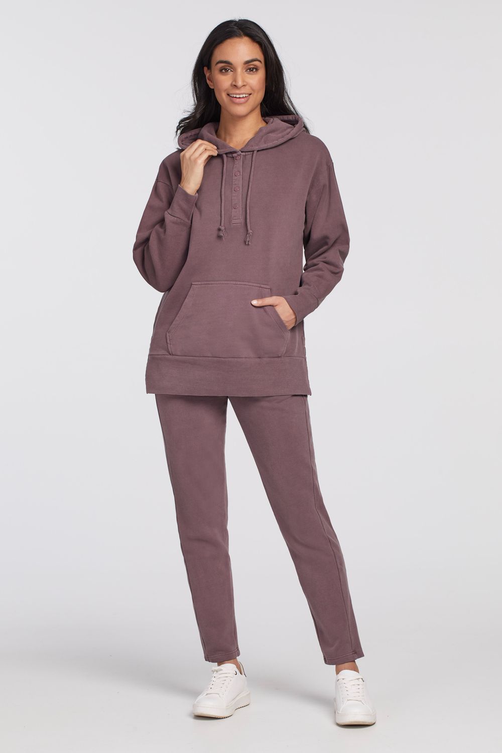 Hoody With Side Slits &amp; Snap Placket, Color: Mulberry, Size: XS