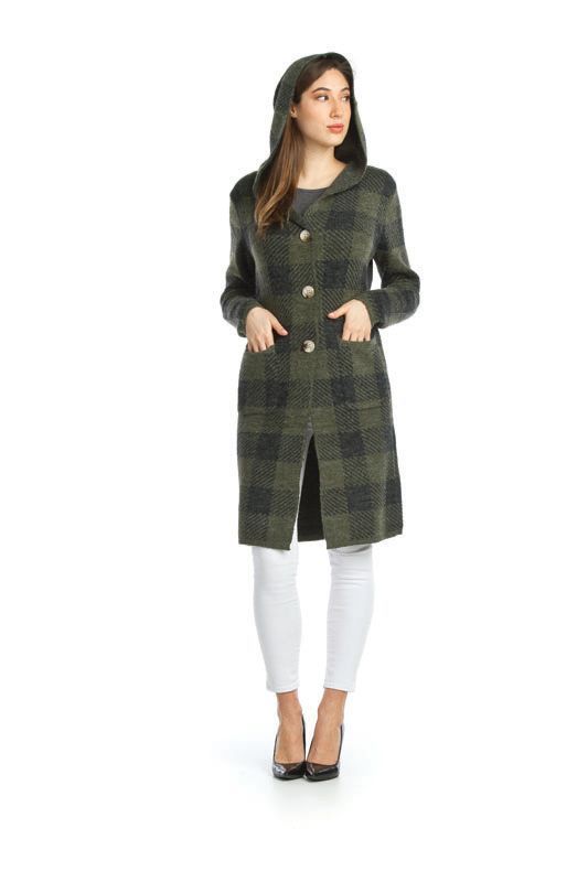 Plaid Knit Button Front Hooded Jacket