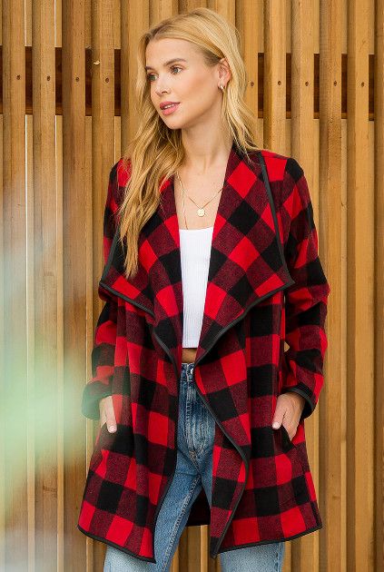 BUFFALO PLAID DRAPE FRONT JACKET 