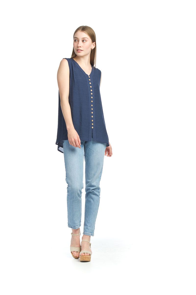 Sleeveless Layered Navy Button Front Top PT12014