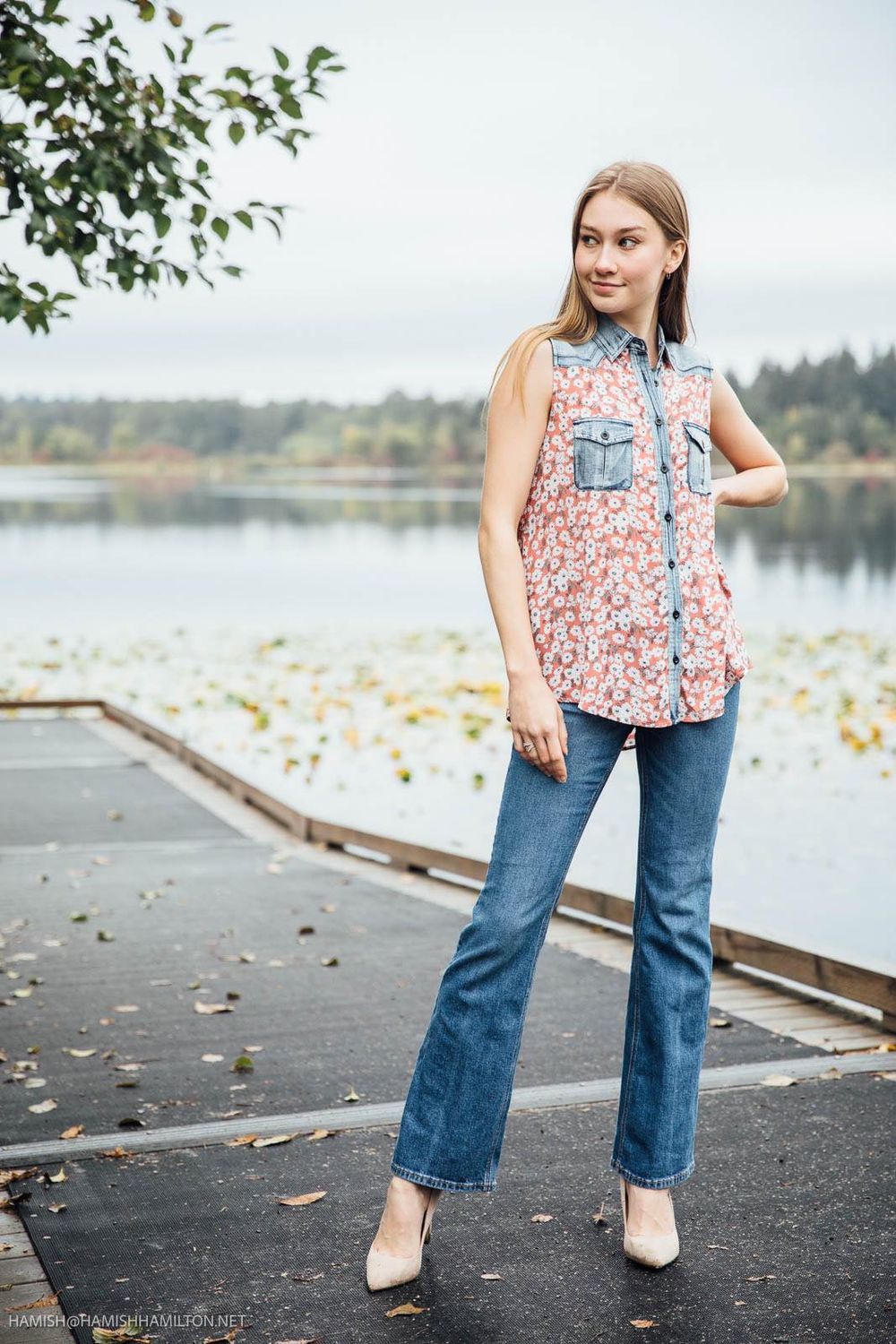 Floral Denim Yoke Blouse With Pockets PT12089