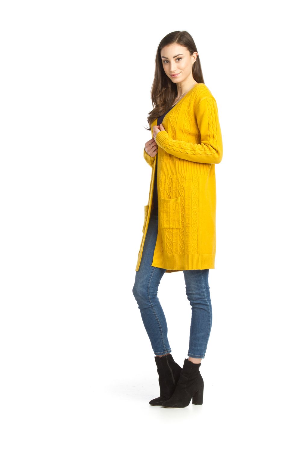 Soft Cable Knit Cardigan With Pockets, Color: Mustard, Size: S