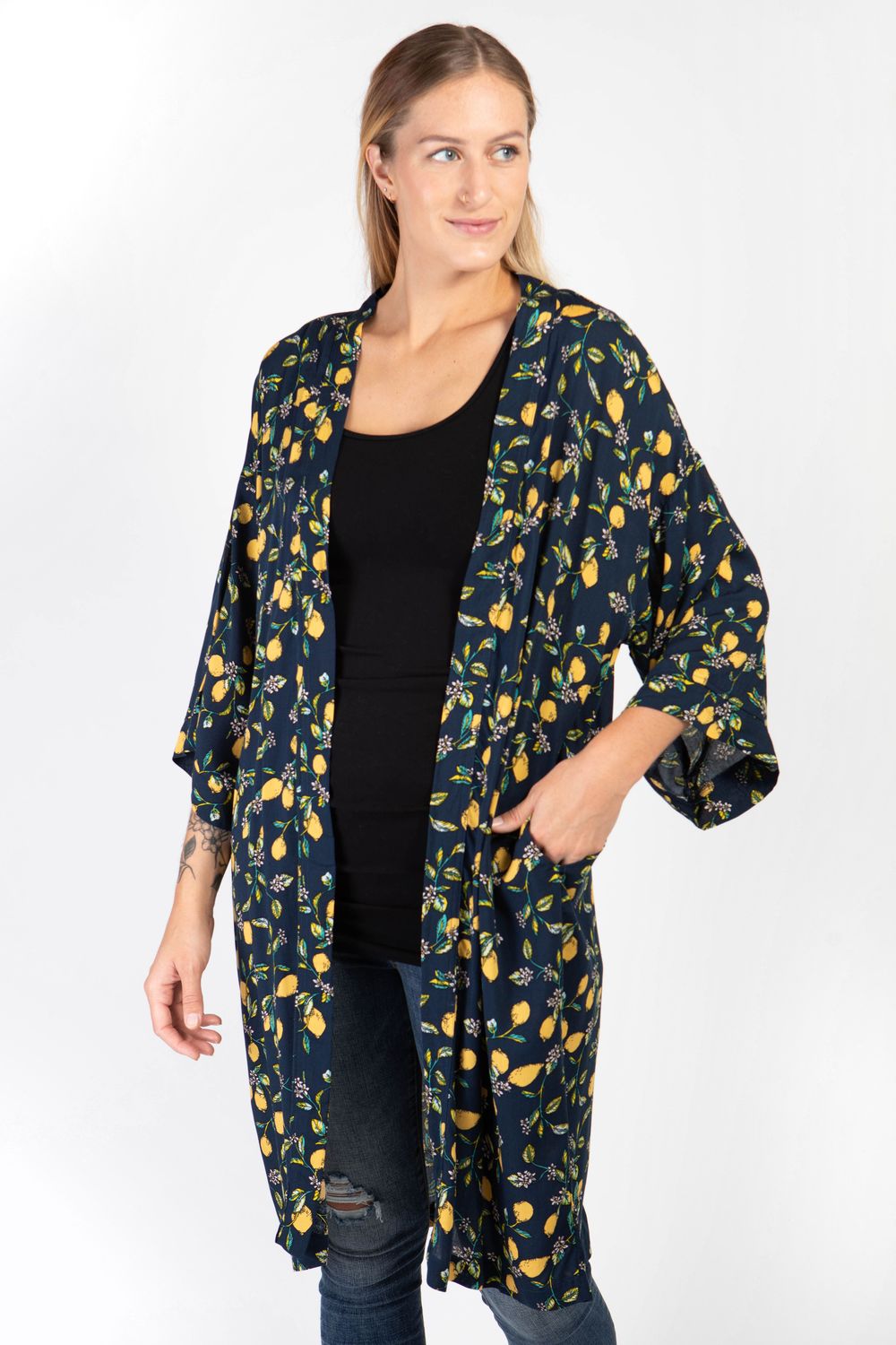 Adley Kimono Cardigan Lemon Print 375, Color: Lemon Print, Size: S/M