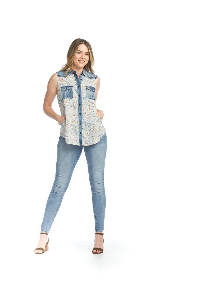 Floral Denim Yoke Blouse With Pockets PT12088