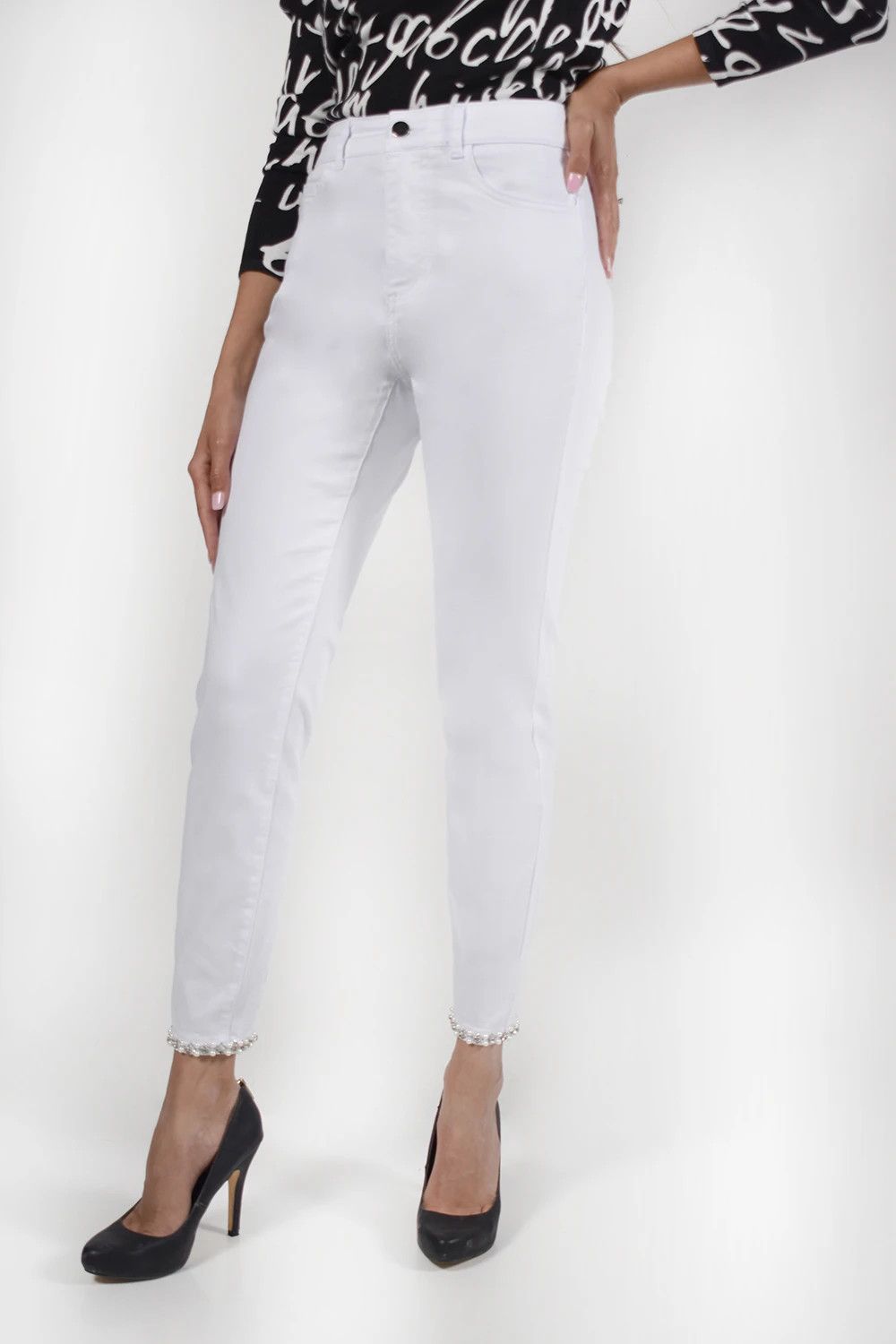 White Woven Denim Pant 226121U, Color: White, Size: S