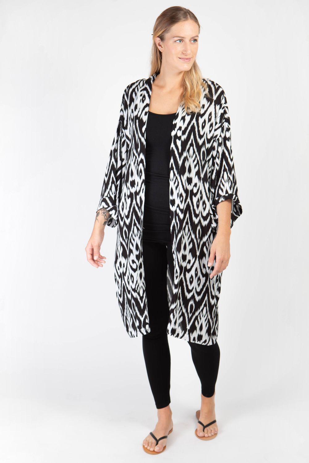 Adley Kimono Cardigan Black Ikat 375, Color: Black Ikat, Size: S/M