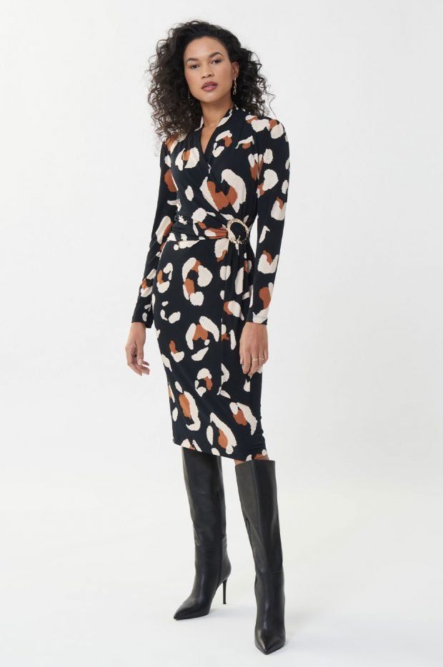 Long Sleeve Faux Crossover Dress 223036