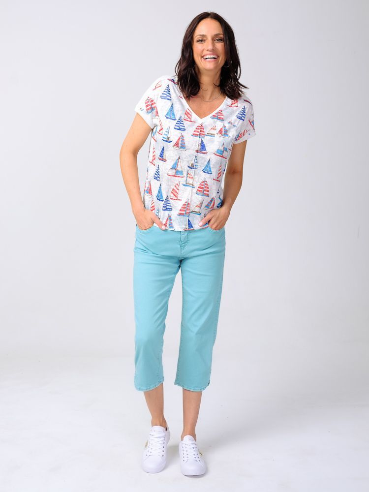 Boat Print V-Neck T-Shirt #A39082