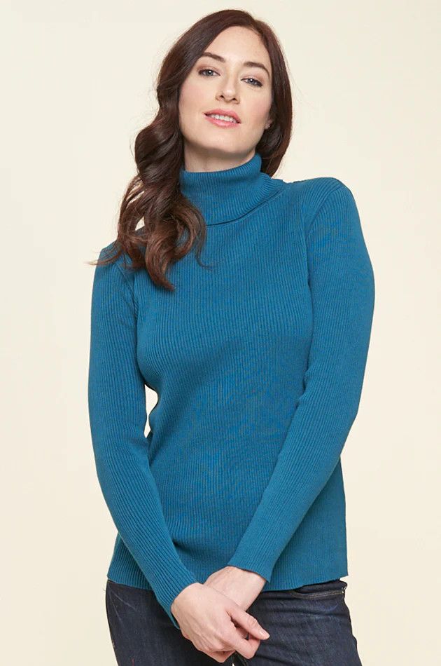Renee Rib Turteleneck 74804, Color: Teal Luster, Size: XS