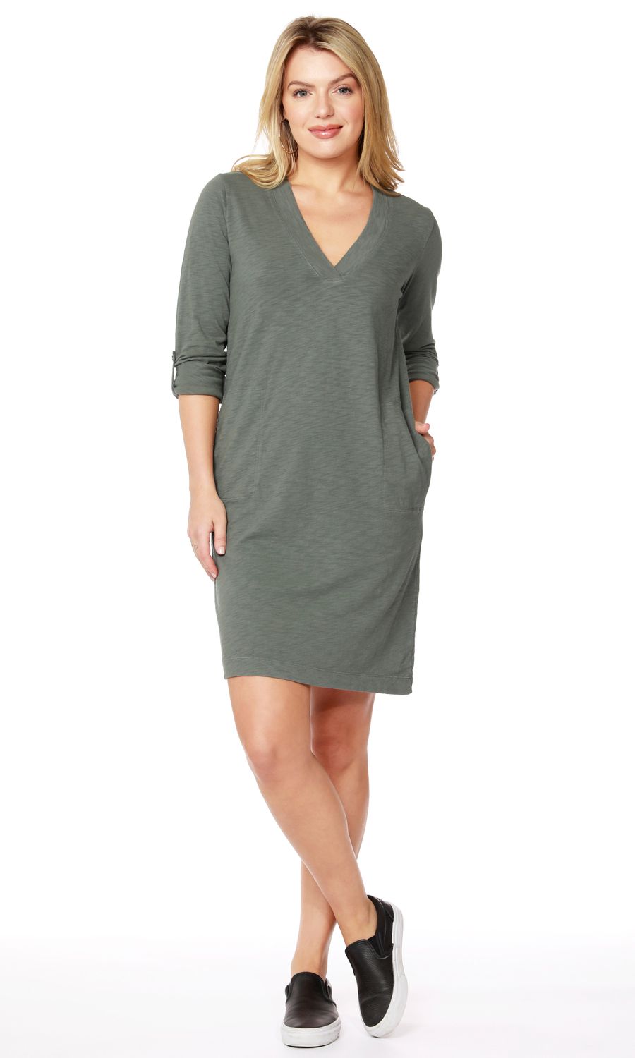 Sleeve Tab V Neck Dress 48102 (2 Colors), Color: Black, Size: XS