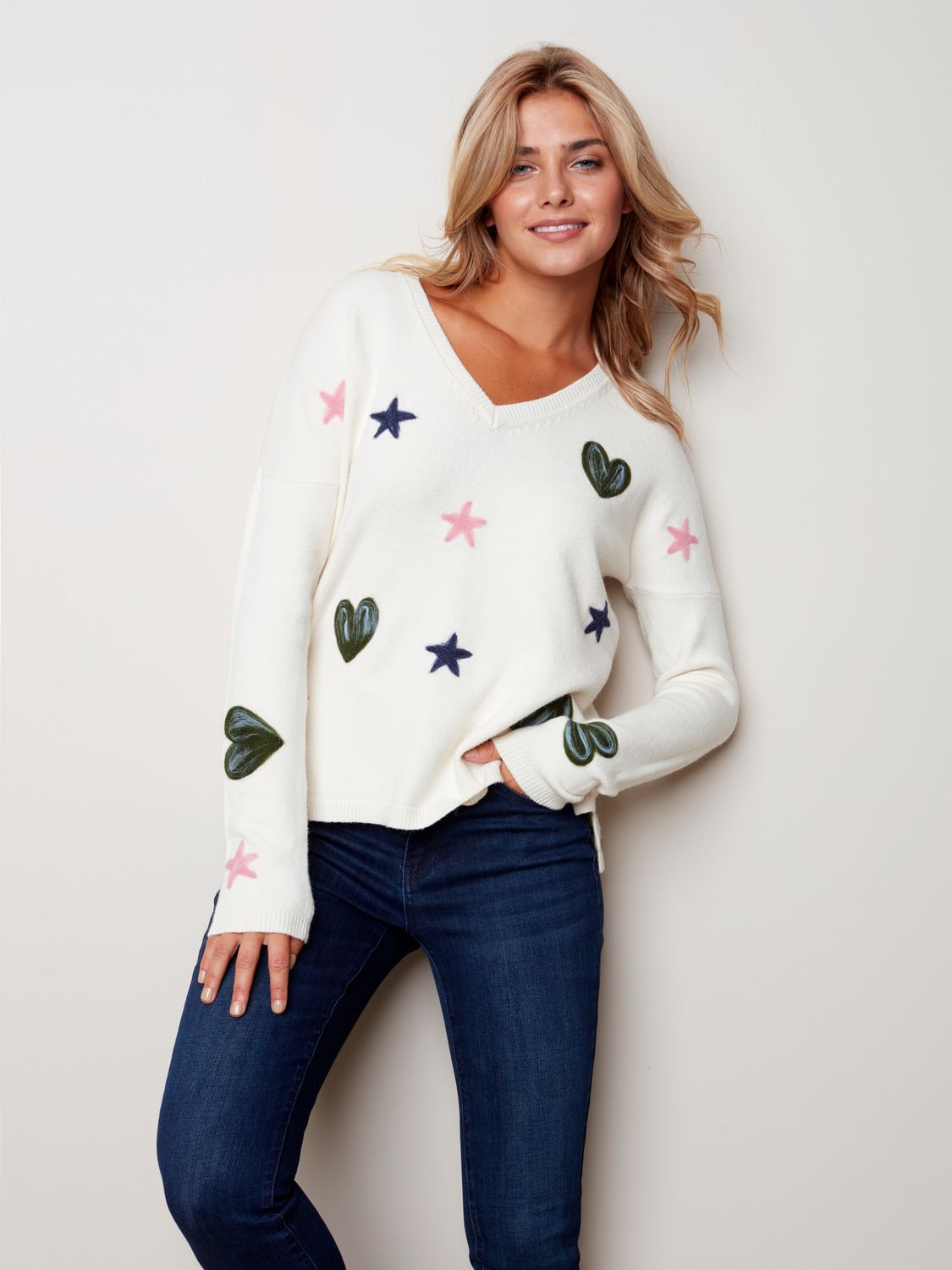 V Neck Sweater With Punch Needle Design 2333, Color: Ecru, Size: XS
