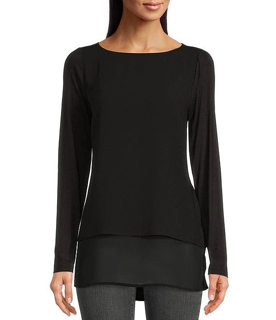 Mixed Woven Knit Layered Hem Side Slit Round Neck Long Sleeve Top
